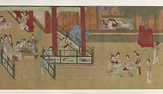Matinée printanière au palais des Han de Qiu Ying, détail : scène de la vie du gynécée. Copie de la fin du XVIIe&nbsp;siècle. Walters Art Museum.