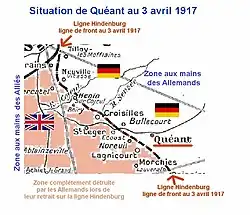 En avril 1917, Quéant reste en zone allemande à seulement un kilomètre de la ligne Hindenburg.