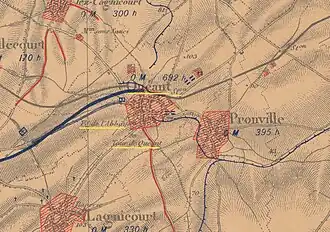 La carte des régions dévastées montre que le village, la ferme de l'abbaye et la gare sont complètement détruites.