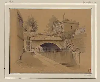 L'écluse de la Villette à l'extrémité du quai en 1892 (dessin de Jules-Adolphe Chauvet).