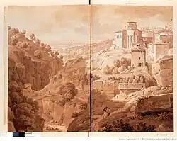 Dessin représentant la Vallée des Usines surmontée du quartier Saint-Jean, de son église et de sa porte de la quatrième enceinte qui ont repris le nom du quartier.