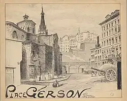 Dessin de la place Gerson avec l'église Saint-Paul sur la gauche
