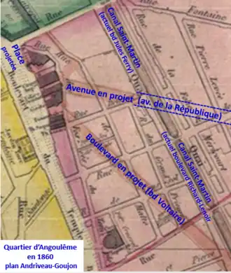 Le quartier en 1860 avec les projets de percements de nouvelles voies.
