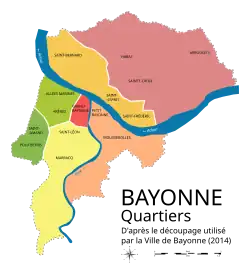 Carte des sept quartiers de Bayonne. Aplats de couleurs vives sur fond gris.