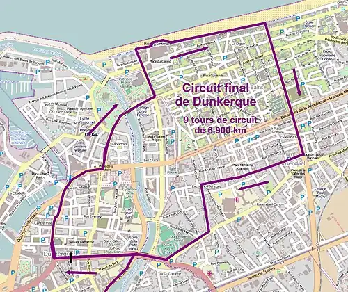 Parcours schématisé du circuit final, parcouru six fois, à Dunkerque.