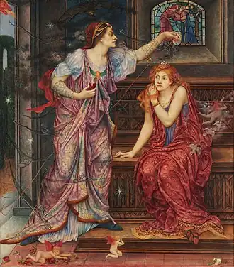 Dans un labyrinthe, Aliénor d'Aquitaine cache une fiole de poison à Rosemonde, tout en tenant un fil d'Ariane permettant de trouver la sortie.