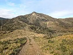 Vue vers l'ouest le long de la frontière franco-espagnole jusqu'au Querroig (altitude 672 mètres), Pyrénées-Orientales. Commune de Cerbère à droite ; municipi de Portbou à gauche.