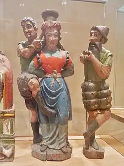Statues de sainte Apolline et de ses bourreaux. Bois peint (v. 1560). Scrignac, ancienne chapelle de Coat-Quéau), Musée départemental breton, Quimper.