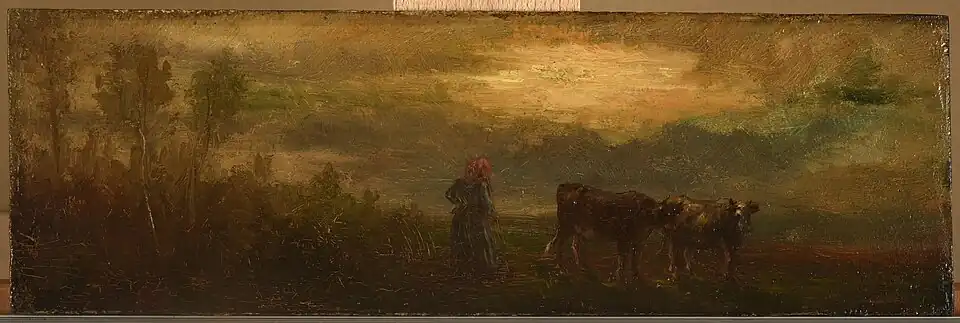 Paysanne gardant deux bœufs dans un pâturage.