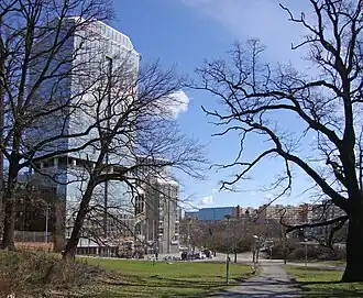 Vue sur Hagalund à Solna avec le stade Råsunda sur la gauche.