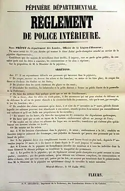 Règlement de police intérieure de la pépinière départementale, 10 juillet 1845, signé Mathieu Fleury, préfet des Landes.