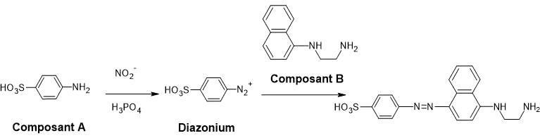 Mécanisme réactionnel entre les ions nitrites et les composants du réactif de Griess