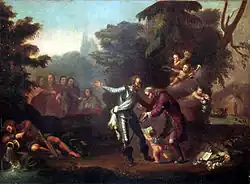 tableau à l'huile : deux hommes se saluent dans un paysage bucolique