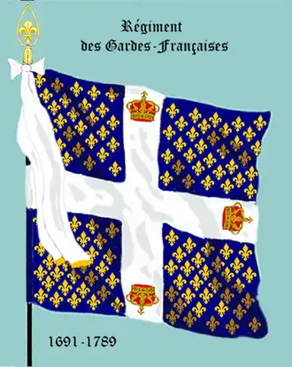 Drapeau d’Ordonnance de 1691 à 1789Le drapeau est de fond bleu orné de 41 fleurs de lys or par quartier