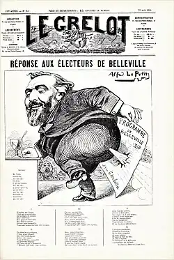 Gravure montrant un homme barbu hilare, laissant échapper un pet sur une affiche qu'il tient devant son postérieur.