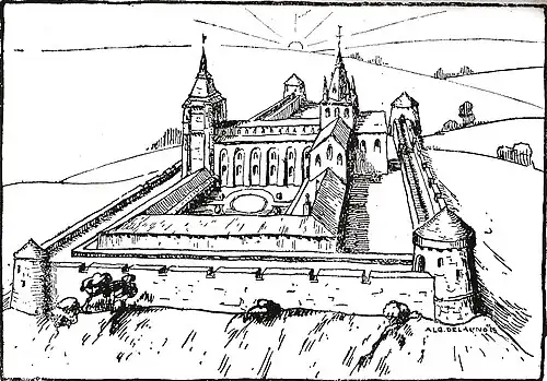 Représentation de la collégiale d'après un document du XVIe&nbsp;siècle par Albert Delaunois (1895-1936).