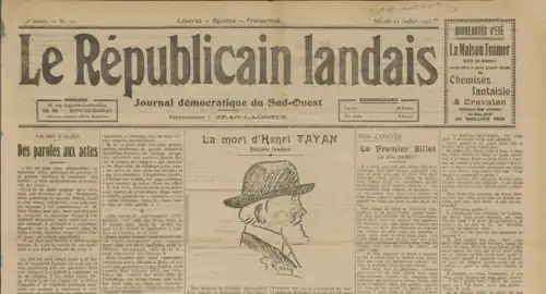 Manchette du journal Le Républicain Landais du 25 juillet 1931 annonçant la mort d'Henri Tayan.
