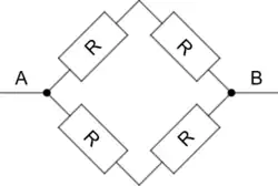 Cette image est une illustration du problème de la résistance en carré: elle représente un carré dont chaque arête contient une résistance R.