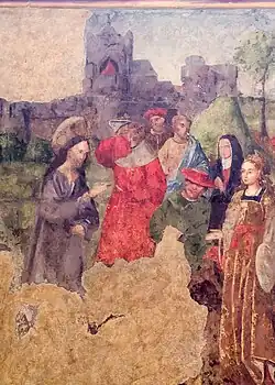 Peinture avec des parties manquantes représentant une jeune femme entourée de six personnages, dont l'un est Jésus.