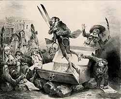 Gravure en niveaux de gris montrant un homme s'envolant d'un cercueil ouvert en tenant une gigantesque paire de ciseaux. Autour de lui, des hommes effarés tiennent de très grandes plumes. Sous-titre : « Et elle ressuscita le troisième jour après sa mort (évangile St Luc) ».