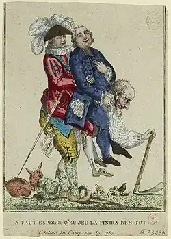 Dessin montrant un homme âgé portant sur son dos deux hommes en costume