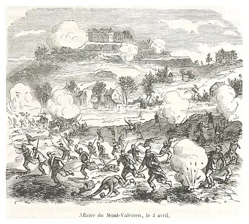 Communards repoussés dans la plaine de Nanterre par des tirs d'artillerie du Mont-Valérien, le 3 avril 1871.