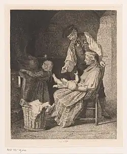 Scène de famille avec un couple de parents, une petite fille et un bébé, Album du Journal des familles (1871).