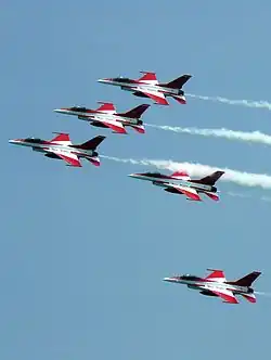 Vol en formation des F-16 de la patrouille acrobatique singapourienne