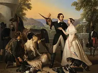 Ernest II et Alexandrine de Bade après la chasse sur la terrasse du château de Rosenau, 1844, Cobourg, palais Ehrenbourg.