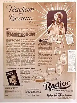 Publicité pour des cosmétiques avec du radium (1918).