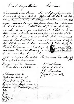 Document manuscrit rédigé en deux parties. A droite en espagnol, à gauche en rapanui tahitien. Les noms des signataires sont tous mentionnés, les Rapa Nui signent d'une croix.