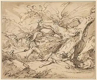 Orlando sauve Oliver du Lion, dessin à la plume, encre brune et lavis brun sur graphite sur papier vergé de 1789 (National Gallery of Art, Washington, D.C.).