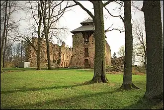 2010 Les ruines de l'imposant château de Ronneburg (Rauna en Lettonie, à 100&nbsp;km de Riga) des archevêques de Riga. Construit par l'archevêque Albert en 1262
