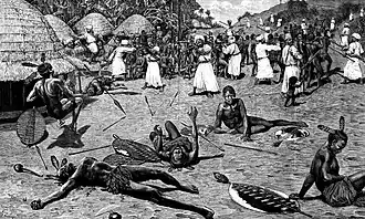 Razzia d'esclaves dans un village africain.