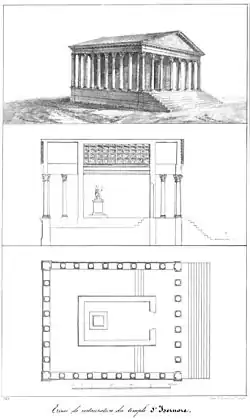 Dessin en noir et blanc d'un temple antique.
