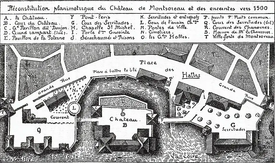 Reproduction d'un plan montrant l'implantation des bâtiments du château les uns par rapport aux autres.