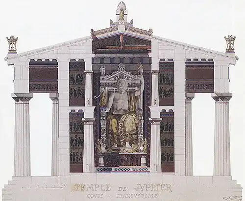 Dessin en coupe restituant le temple de Zeus d'Olympie avec sa statue colossale, par Victor Laloux (1883).