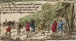 Le bois de Pommier fouillé par des gardes-chasses et des tireurs venus des environs, le 20 septembre 1765. Détail d'une estampe coloriée parisienne de chez Lebel, rue du Petit-Pont, BnF, recueil Magné de Marolles, vers 1765.