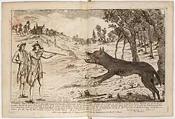 François Antoine et son neveu Rinchard abattent le loup des Chazes. La gravure représente la Bête avec deux blessures sanglantes à l'œil et au flanc tandis qu'à l'arrière-plan, la louve et ses louveteaux s'enfuient dans le bois. Cuivre chez Maillet à Paris, sans date.