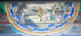 Peinture représentant un singe, un moine et un cheval.