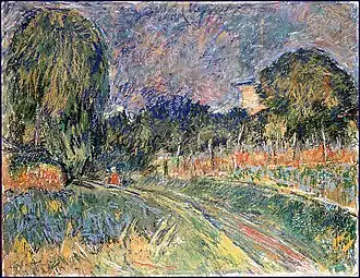 Personnage en rouge sur un sentier longeant des jardins (1968), crayons de cire, 48&nbsp;×&nbsp;63&nbsp;cm, collection inconnue.