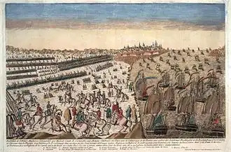 Vue générale de la capitulation de Yorktown le 19 octobre 1781, avec le blocus de la flotte française