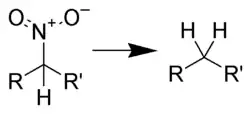 Schéma général de la réduction d'un nitroalcane en alcane.