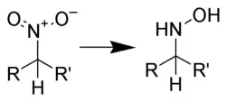 Schéma général de la réduction d'un nitroalcane en hydroxylamine