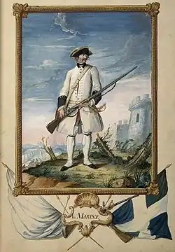 Marsouin posant devant le drapeau blanc et la bannière de Saint Michel en 1757.