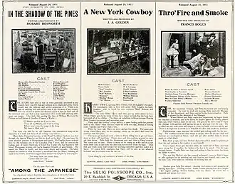 Description de l'image Release flier for IN THE SHADOW OF THE PINES, 1911 ; A NEW YORK COWBOY, 1911 ; THRO' FIRE AND SMOKE, 1911.jpg.