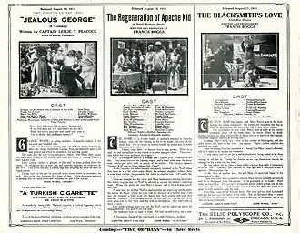 Description de l'image Release flier for JEALOUS GEORGE, 1911 ; THE REGENERATION OF APACHE KID, 1911 ; THE BLACKSMITH'S LOVE, 1911.jpg.