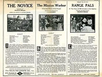 Description de l'image Release flier for THE NOVICE, 1911 ; THE MISSION WORKER, 1911 ; RANGE PALS, 1911.jpg.