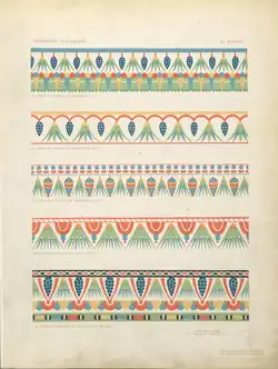 La planche comporte cinq relevés de frises décoratives, composées de fleurs, tantôt ouvertes, tantôt fermées. Elles sont vivement colorées, en rouge, vert, bleu et jaune.