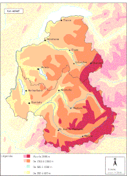 Carte montrant la carte de relief de la Savoie. Si on la rapproche de la carte de délimitation, il apparaît que le beaufort est produit dans la zone la plus montagneuse du département de la Savoie. (partie orientale)